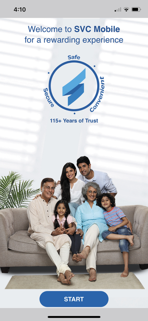 SVC Mobile - SVC Mobile banking app welcome screen showing a happy multi-generational Indian family on a sofa with safe secure and convenient branding