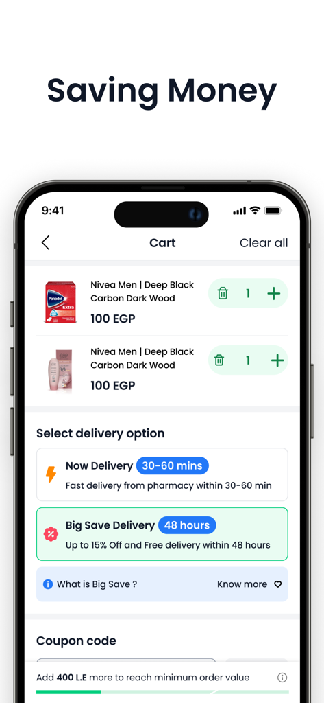 Mobile screen of Chefaa app shopping cart with products and delivery choices to save money