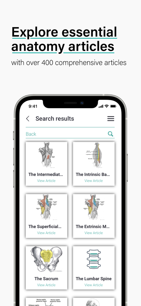 Suchergebnisse in der TeachMe Anatomy App, die verschiedene anatomische Artikel zeigen, einschließlich Kreuzbein und Lendenwirbelsäule