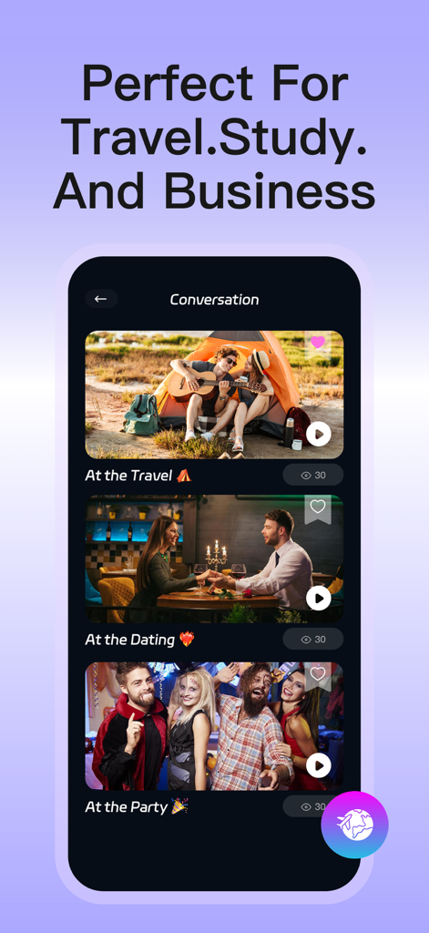 Interface do aplicativo Tradutor IA mostrando cenários de conversa para viagens, namoro e eventos sociais