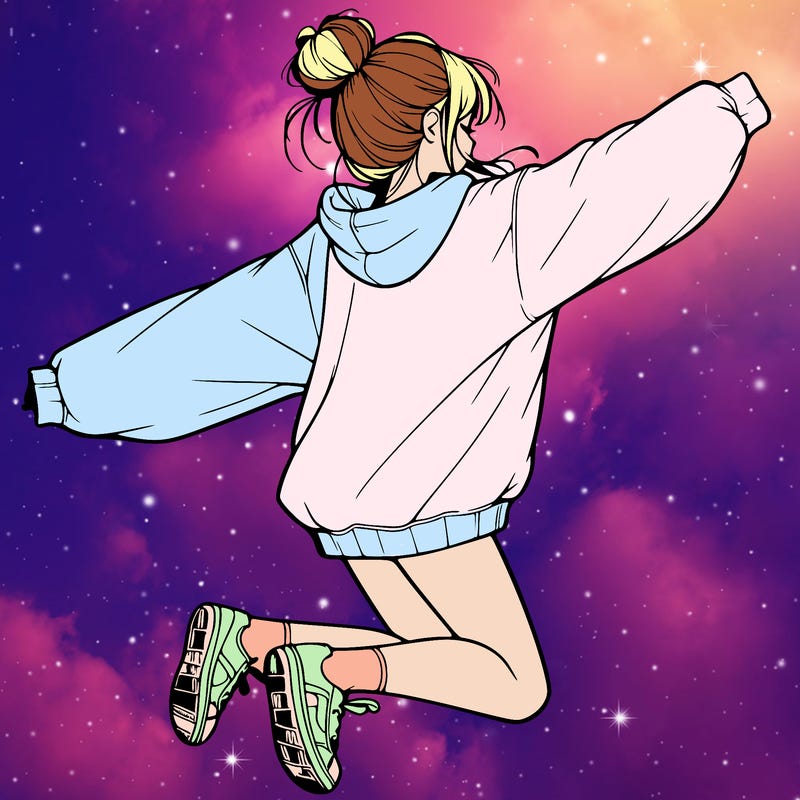 realistic girl jumping with a bun and oversized sweatshirt