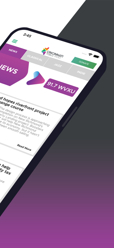 Cincinnati Public Radio - Cincinnati Public Radio mobile app news screen with station selection tabs and local news feed