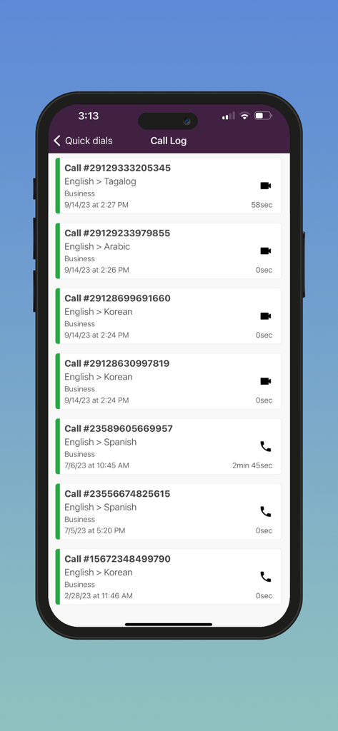 A history log of interpretation sessions in the InterpretManager app displaying language pairs and call durations