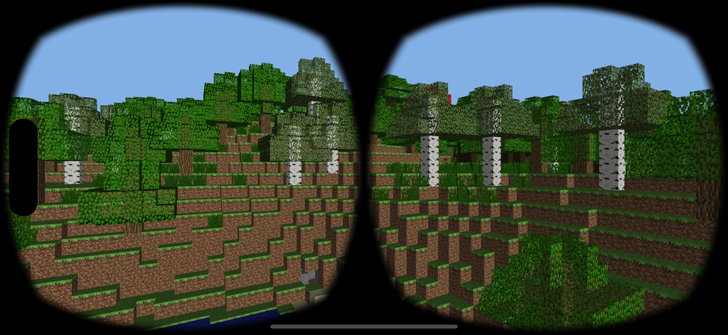 Una vista VR a schermo diviso di un mondo forestale basato su voxel all'interno dell'app VR Creator