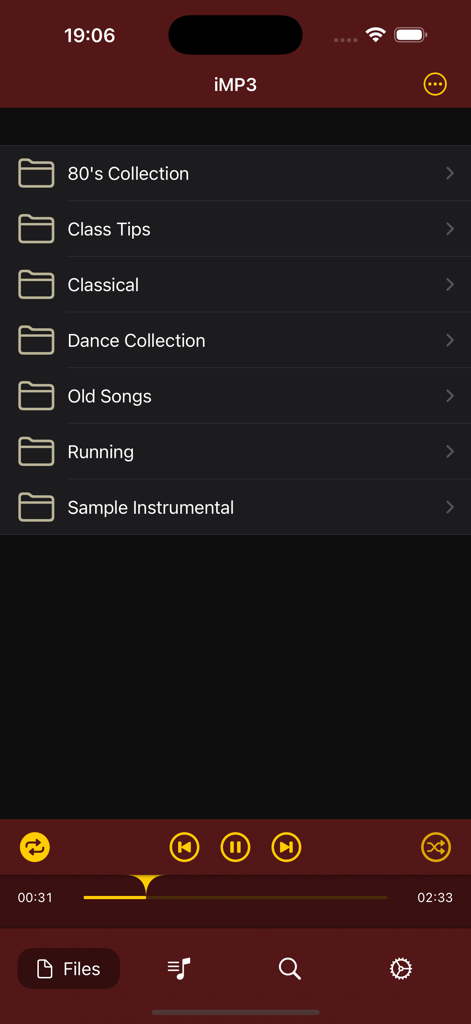 iMP3 app interface showing a music library organized into folders with a bottom media player bar