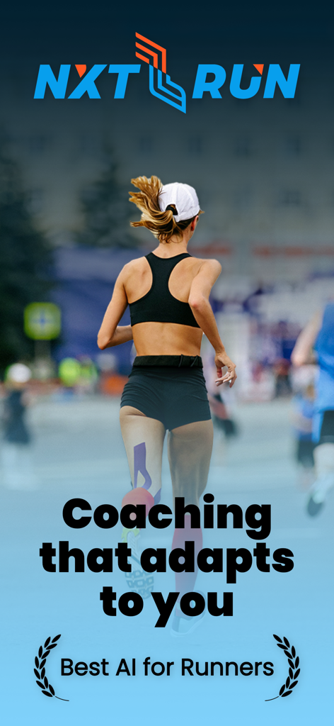 NXT RUN - AI Running Coach - A female runner on a city street with text describing NXT RUN as an adaptive AI coach