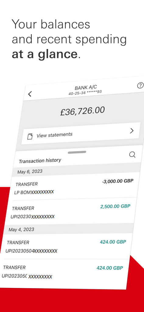 HSBC CI & IoM - HSBC mobile banking app screen showing account balance and recent transaction history in GBP