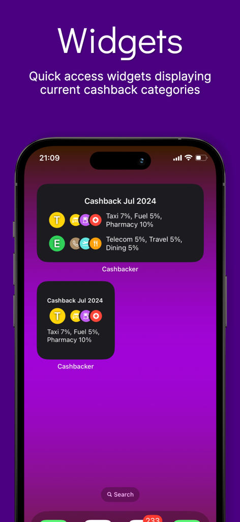 iPhoneホーム画面に、さまざまな銀行カードのパーソナライズされた月間キャッシュバックカテゴリが表示されたCashbackerアプリのウィジェットが表示されています。