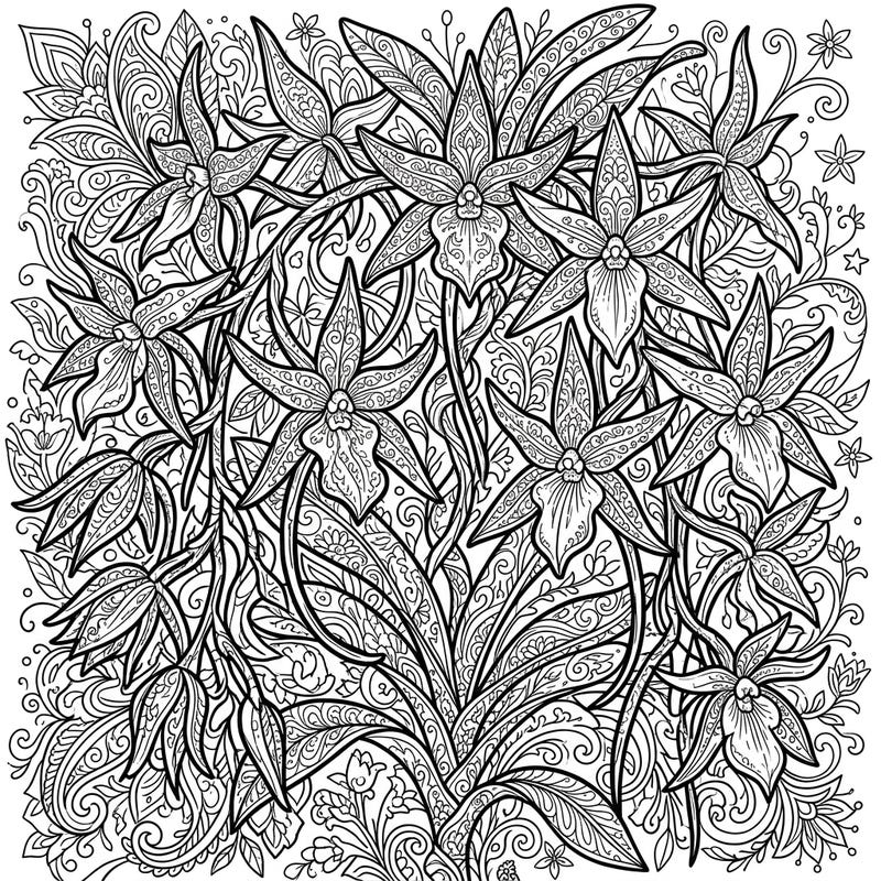 Dive into the mesmerizing world of Angraecum orchids with this intricately designed adult coloring page. Perfect for unwinding and exploring your creativity with beautiful floral patterns.