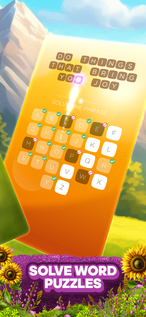 Bold Moves - A word puzzle level in Bold Moves showing an inspirational quote about joy with a mountain and sunflower background