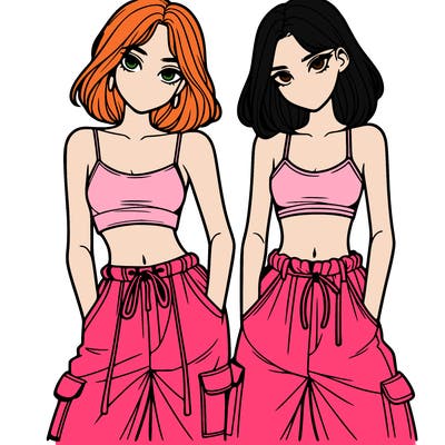 two girls with crop top with baggy pants