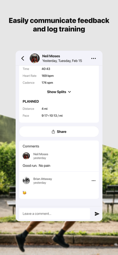 V.O2: Running Coach - V.O2 app training log screen displaying running metrics and user comments for coach feedback