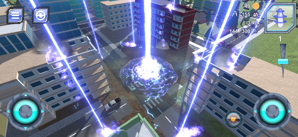 Gameplay screenshot of Total City Smash showing secret orbital weapons attacking a city with energy beams
