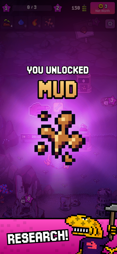 Capture d'écran du gameplay de Craft World Builder montrant une notification pixelisée pour le déblocage de la boue par la recherche.