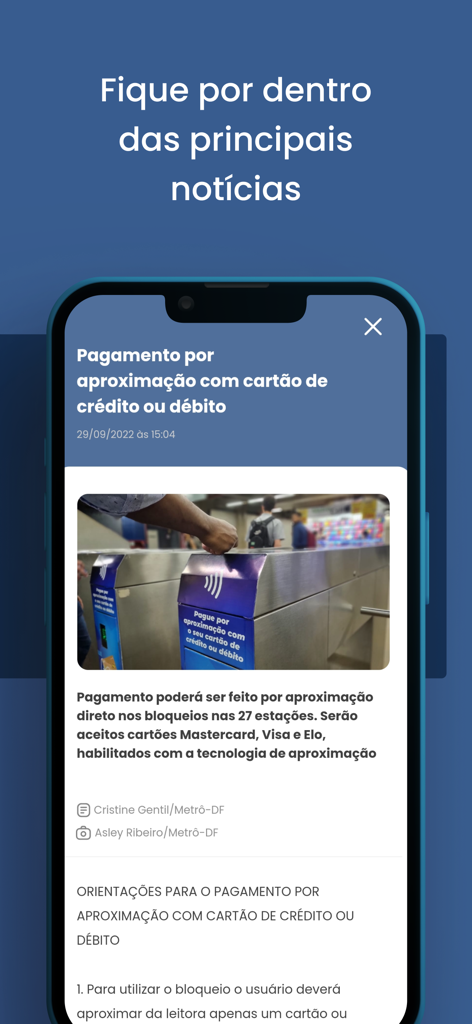 Metrô DF - Screenshot of the Metrô DF app showing a news article about contactless credit and debit card payments at subway stations.