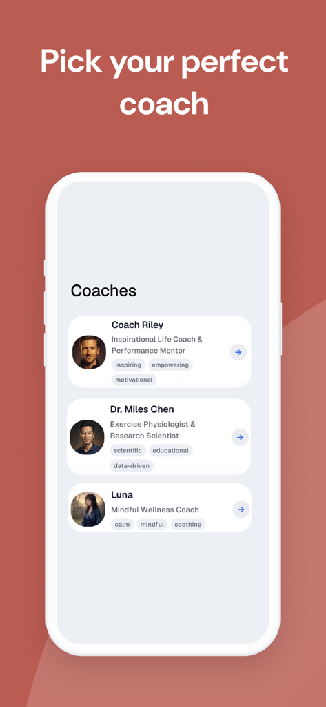A mobile screen from the Stride AI app displaying different AI coach profiles for user selection.