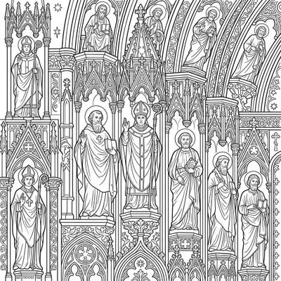 Immerse yourself in the grandeur of history with this detailed coloring page featuring majestic Gothic cathedral statues. Designed for teens, it offers an intricate artistic challenge, inviting you to bring these religious and historical figures to life.