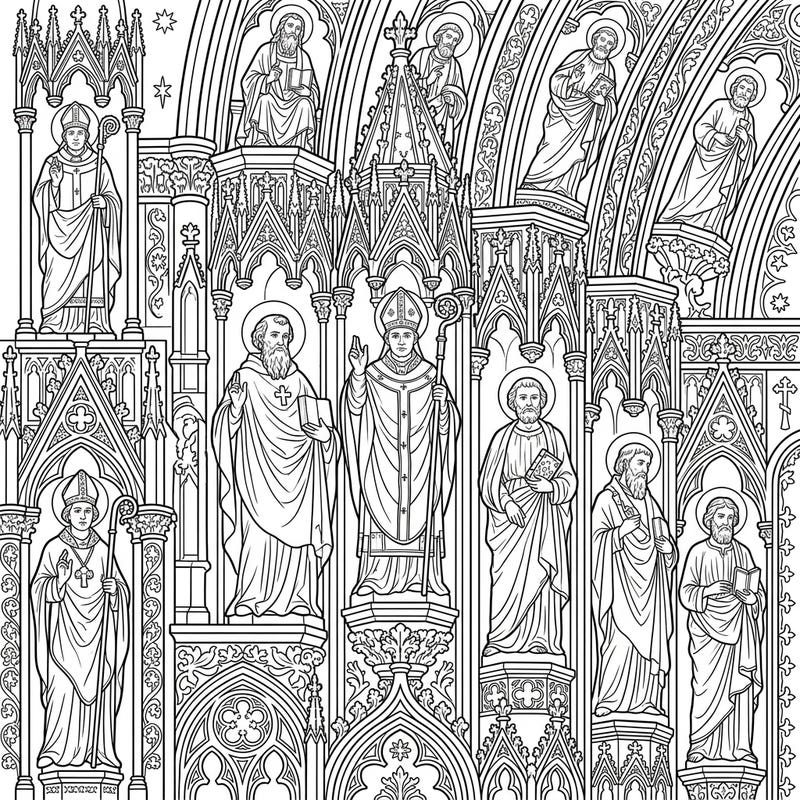Immerse yourself in the grandeur of history with this detailed coloring page featuring majestic Gothic cathedral statues. Designed for teens, it offers an intricate artistic challenge, inviting you to bring these religious and historical figures to life.