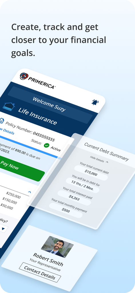 MyPrimerica - MyPrimerica mobile app dashboard showing life insurance policy details, debt summary tracker, and financial representative contact card