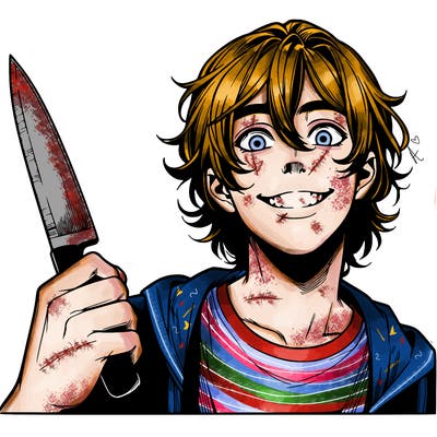 teenage realistic guy with long ish hair holding a knife and has a big grin