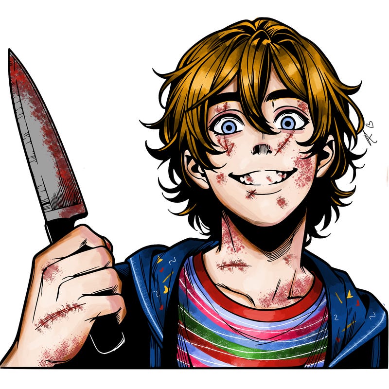 teenage realistic guy with long ish hair holding a knife and has a big grin