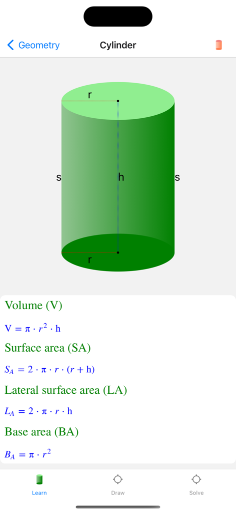 Geometry-Solver Pro - A 3D green cylinder diagram with corresponding mathematical formulas for volume, surface area, and base area in the Geometry-Solver Pro app.