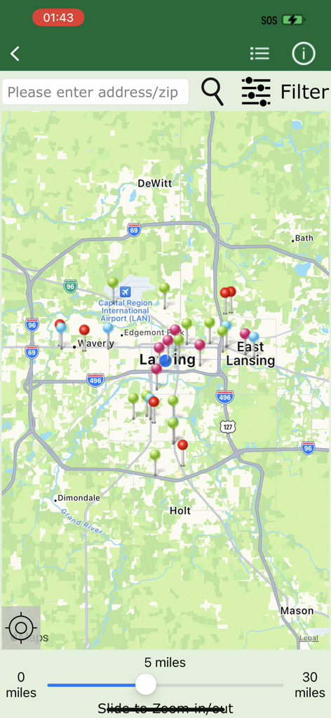 WIC Connect - Uma tela de mapa no aplicativo WIC Connect exibindo clínicas e lojas locais em Michigan com uma barra de pesquisa e filtro de distância.