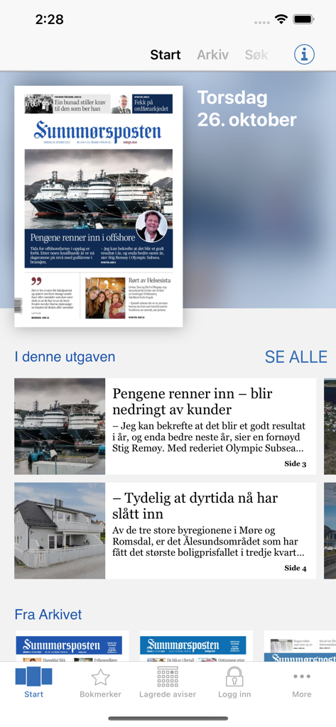 Sunnmørsposten eAvis - Sunnmorsposten eAvis app main screen featuring a digital newspaper front page and local news articles