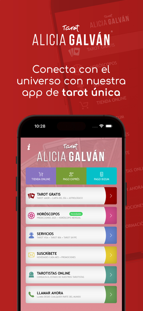 Interfaz de la aplicación móvil Tarot Alicia Galvan mostrando el menú principal con opciones de tarot gratuito y horóscopos diarios en español.