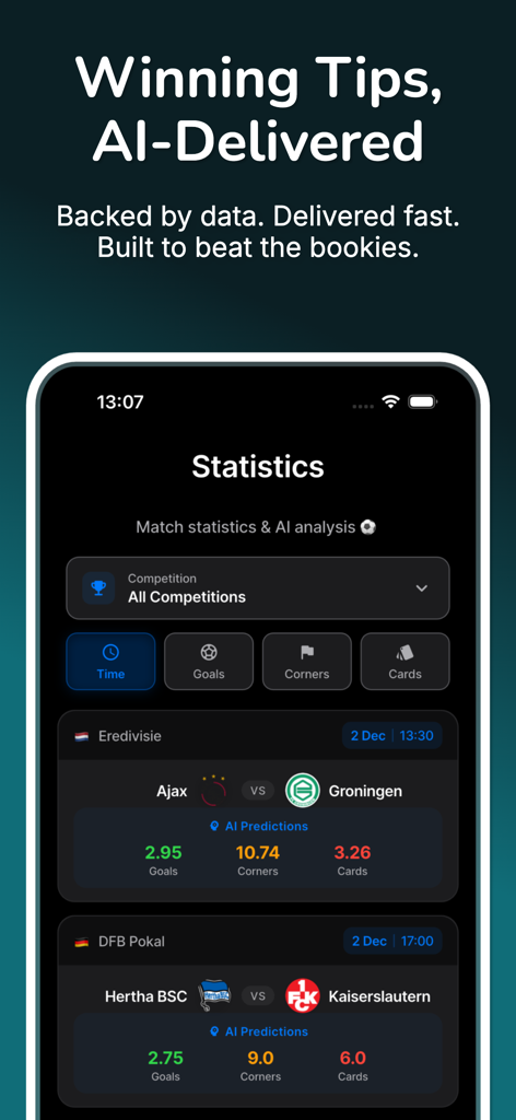 Statistikbildschirm der KI-Wett-Tipps-App, der Fußballspielanalysen und Vorhersagen für Tore, Eckbälle und Karten zeigt