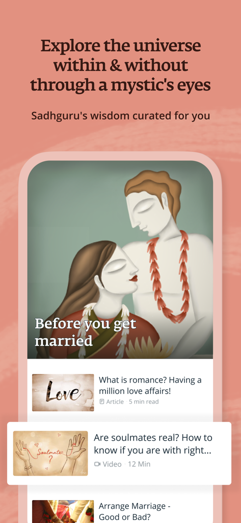 Sadhguru app screen featuring spiritual articles and videos on relationships and love