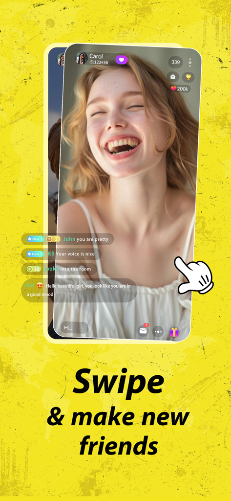 Migo Live 앱 내 영상 채팅 화면에 미소 짓는 여성이 'Swipe and make new friends'라는 텍스트와 함께 표시됩니다.