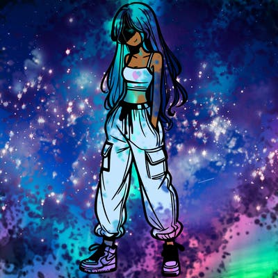 girl in baggy pants crop top and long hair