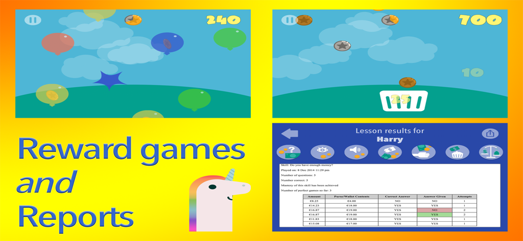 Money Up! - Build Life Skills - Screens from Money Up showing interactive reward games and student lesson results reports.