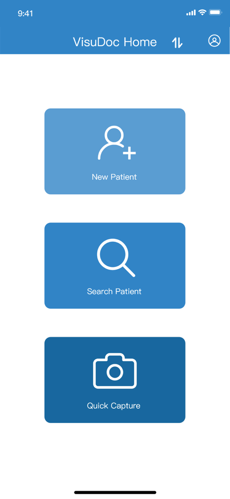 VisuDoc - VisuDoc app home screen showing options for New Patient Search Patient and Quick Capture