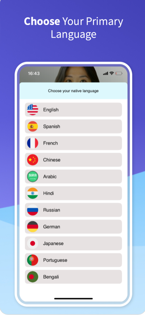 Learn English with Ai speaker - Interfaz de la aplicación móvil que muestra una lista de idiomas nativos para elegir, incluyendo español, francés y chino.