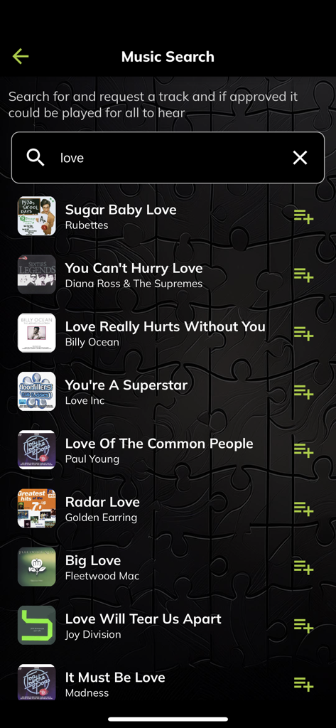 Jigsaw Interactive - Music search screen in Jigsaw Interactive app showing a list of songs to request in a venue
