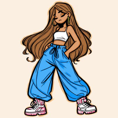 girl in baggy pants crop top and long hair