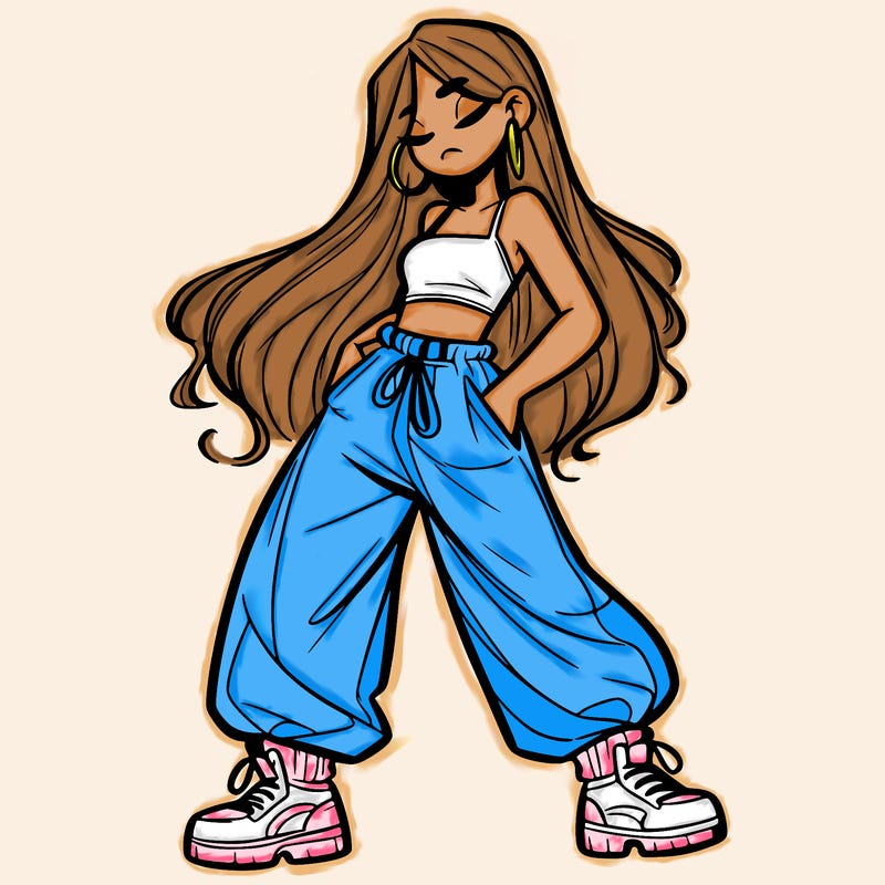 girl in baggy pants crop top and long hair