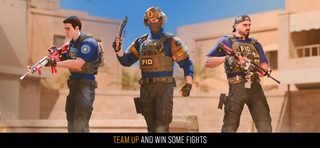 Three tactical characters from Standoff 2 posing together with weapons and skins
