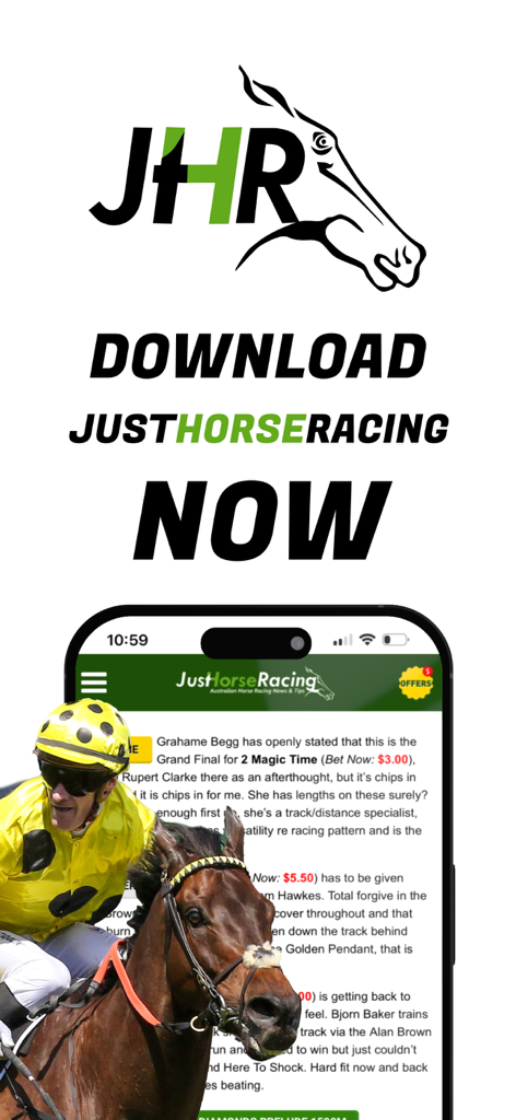 Just Horse Racing mobile app interface showing horse racing tips and expert analysis.