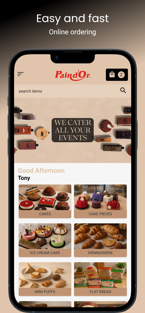 Pantalla de inicio de la aplicación de panadería Pain Dor mostrando categorías de menú para pasteles y bollería.
