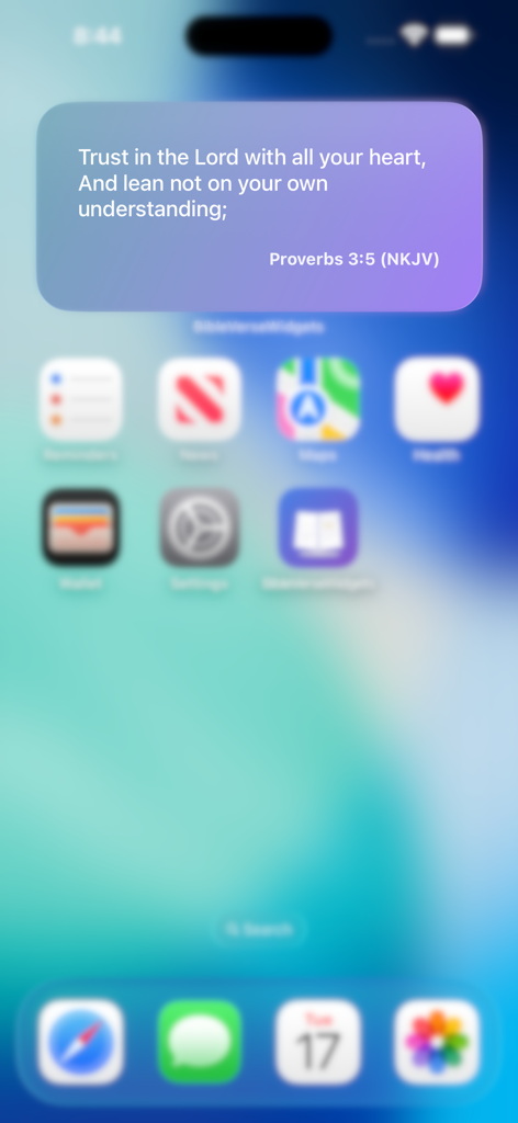 Bible verse widget with purple gradient on iPhone home screen showing Proverbs 3:5