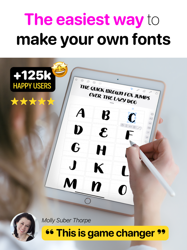 A person using an Apple Pencil to design custom hand-drawn letters in the Fontself app on an iPad