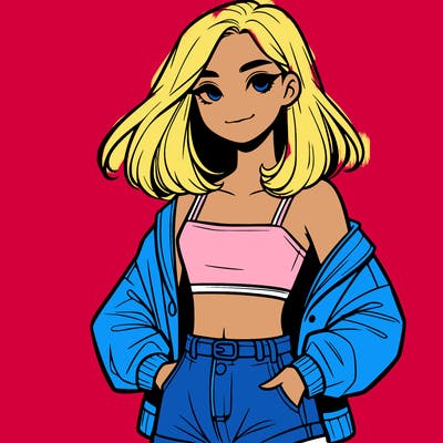 a realistic girl with a crop top and short shorts in an open jacket