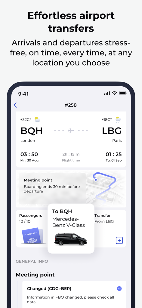Mirai Flights app interface showing private jet flight details and luxury ground transfer booking