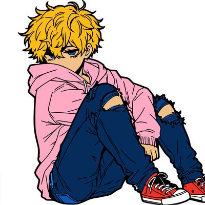 a male hoddie ripped jeans messy hair anime