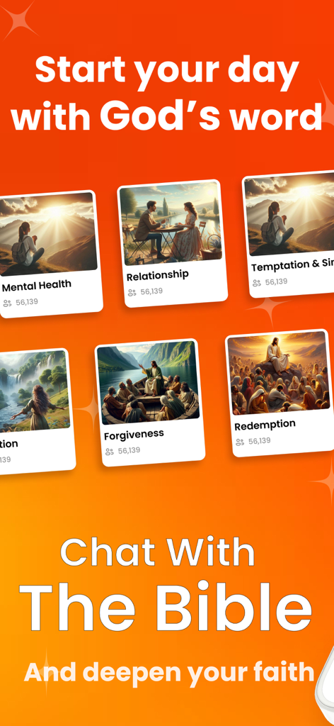 Bible Chat AI - Daily Verses - Bible Chat AI app interface showing biblical study topics and chat functionality