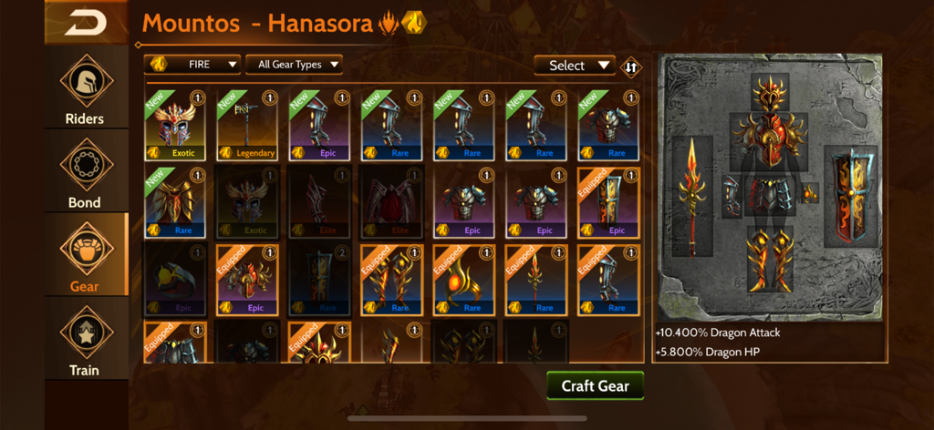 Pantalla de gestión de equipo de War Dragons que muestra el inventario de equipo del jinete y las bonificaciones de estadísticas