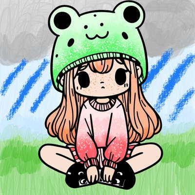 a girl wearing a frog hat and some frog socks